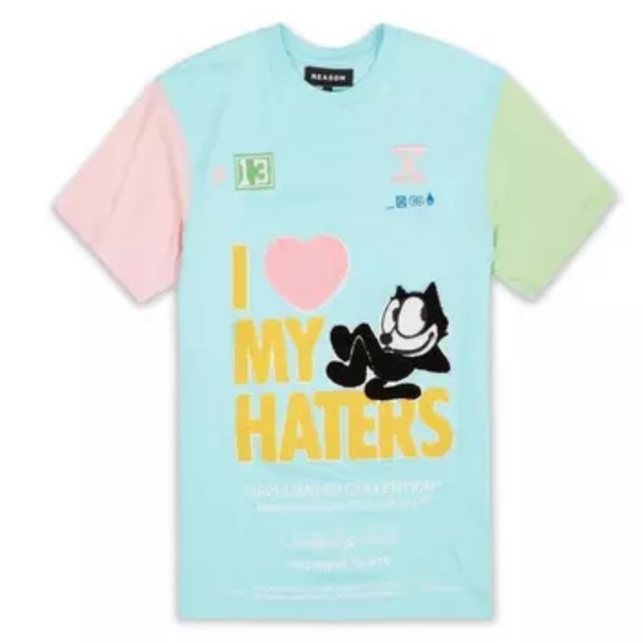 Felix the Cat x Reason “I ♥ My Haters” Tee – Colorblock Embroidered Appliqué – L - Picture 1 of 8